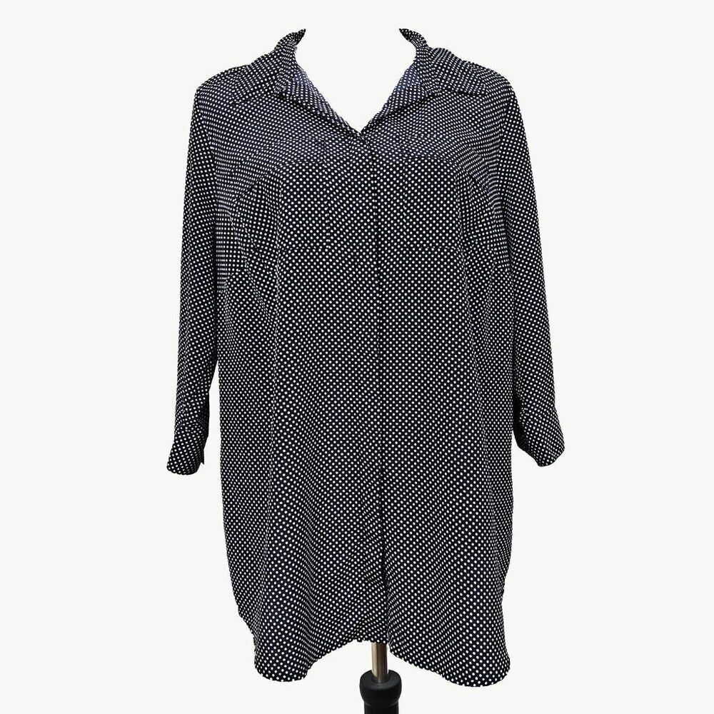 Black White Polka Dot 1X Vintage Liz Claiborne Woman 3/4 Sleeve Blouse Retro